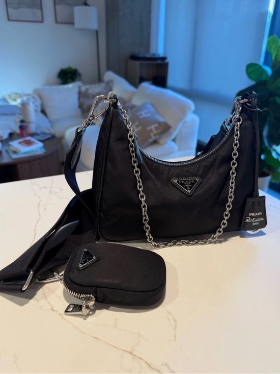 Prada Handbags - Prada Black Nylon Shoulder Hobo with Silver-Tone Logo